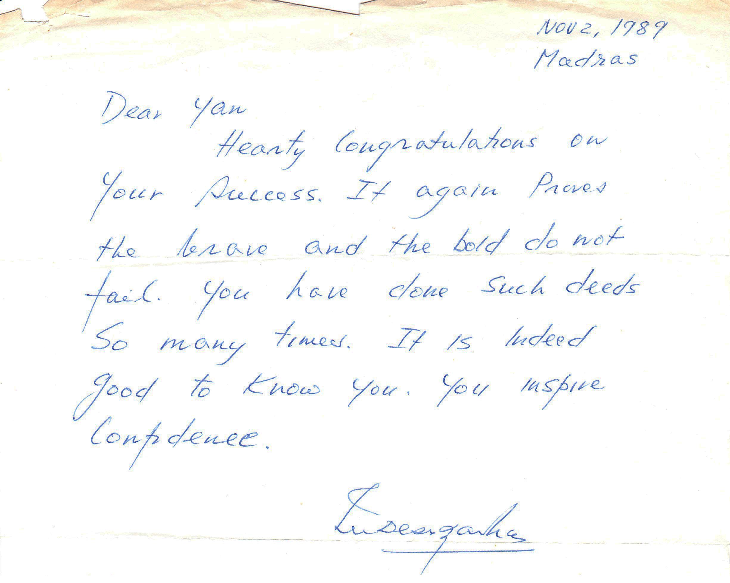 Letter from his teacher: T.K.V. Desikachar